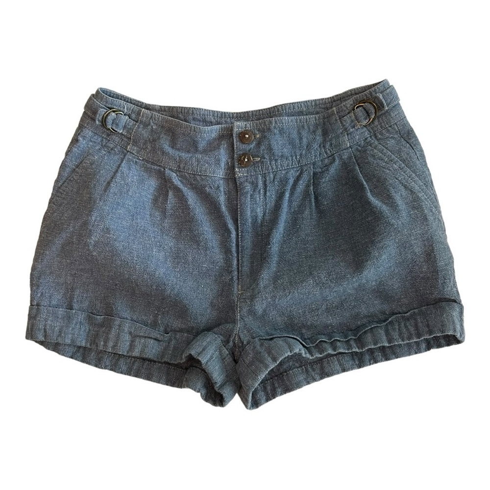 I Heart Ronson Pleated Front Linen Blend‎ Chambray Blue Casual Summer Sho…